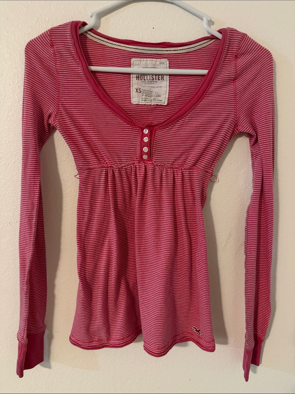 Hollister Women's Pink Striped Long Sleeve Henley Top